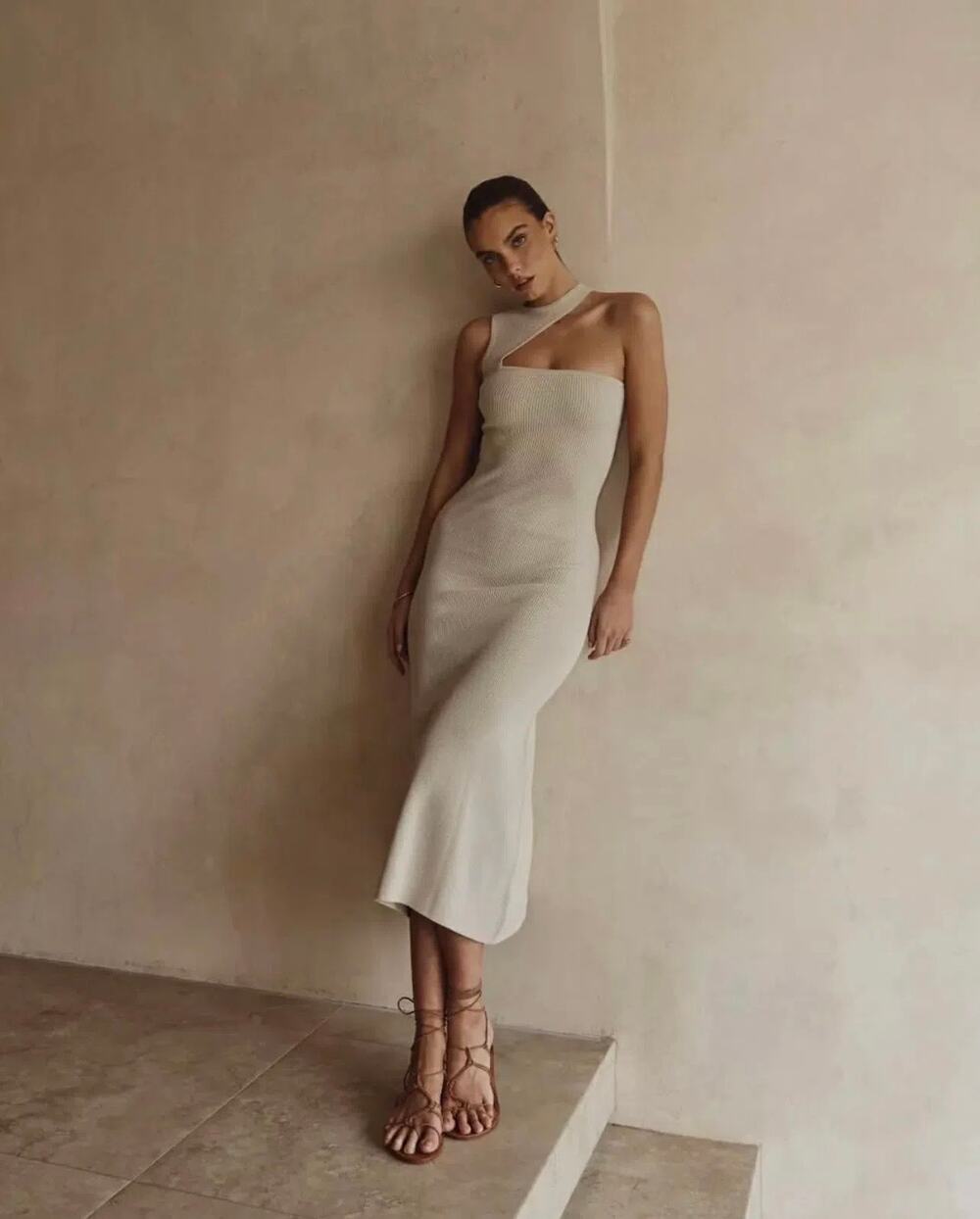 DISSH Adalyn Asym Midi Dress in Stone - M